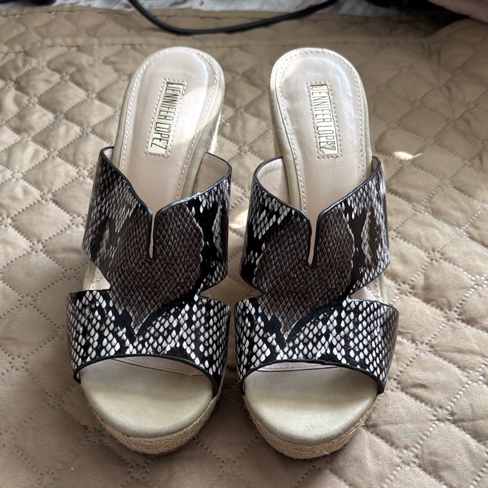Jennifer Lopez Black and White Snake-Print Wedge Sandals